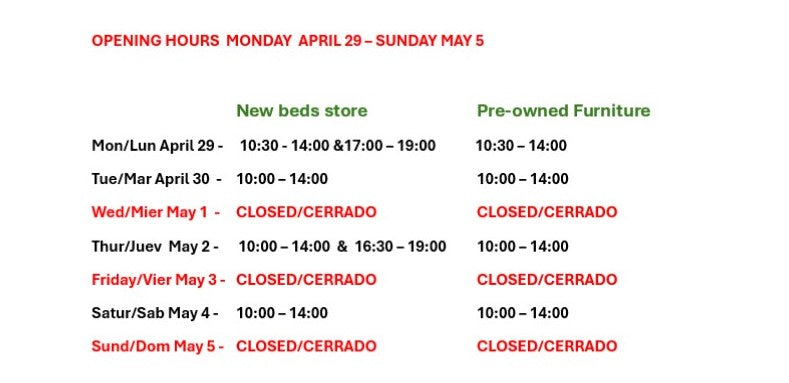1190 - OPENING HOURS APRIL 29 - MAY 5    CLICK ON PHOTO!!