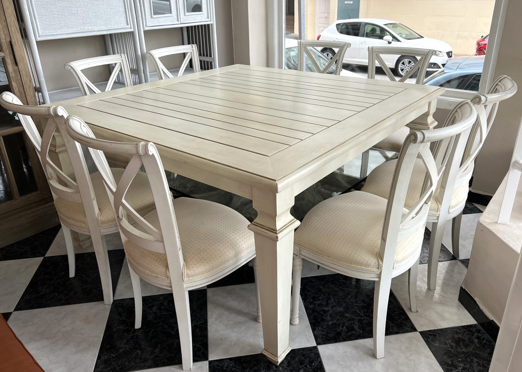 1062 - Large square wooden dining table + 8 chairs! (145cm x 145cm) (Lovely set, but smaller staining)